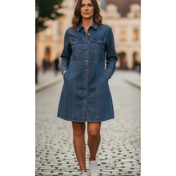 Frye Dresses & Skirts - Frye Dark Denim Dress 100% Cotton Button-Up Long Sleeve Side Pockets XL Western